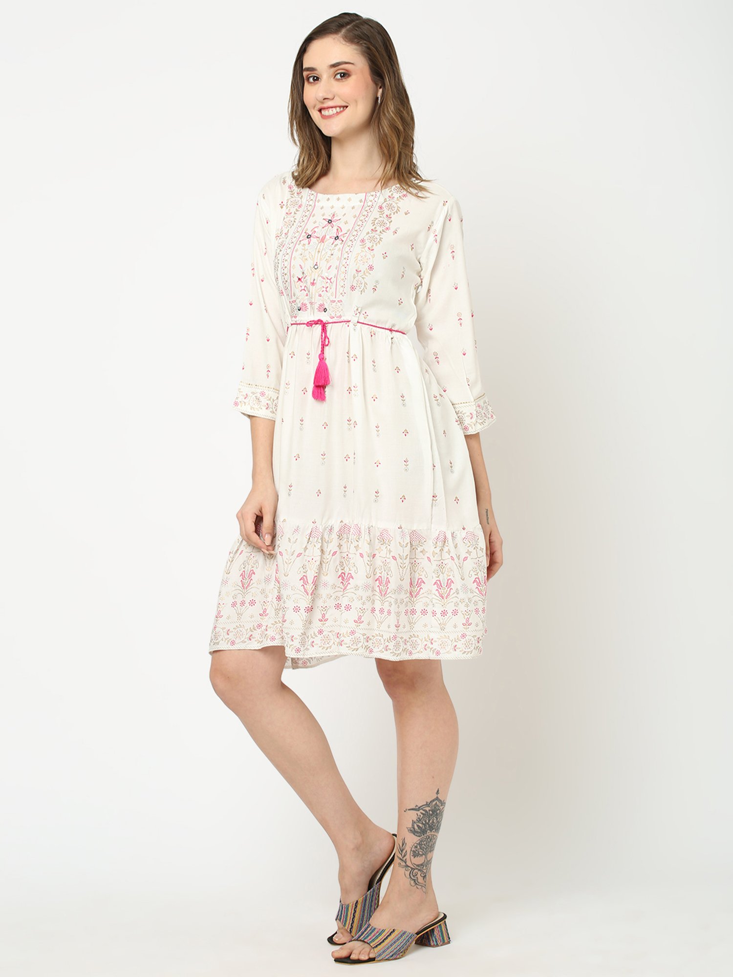 KIANA Off-White Printed A-Line Dress