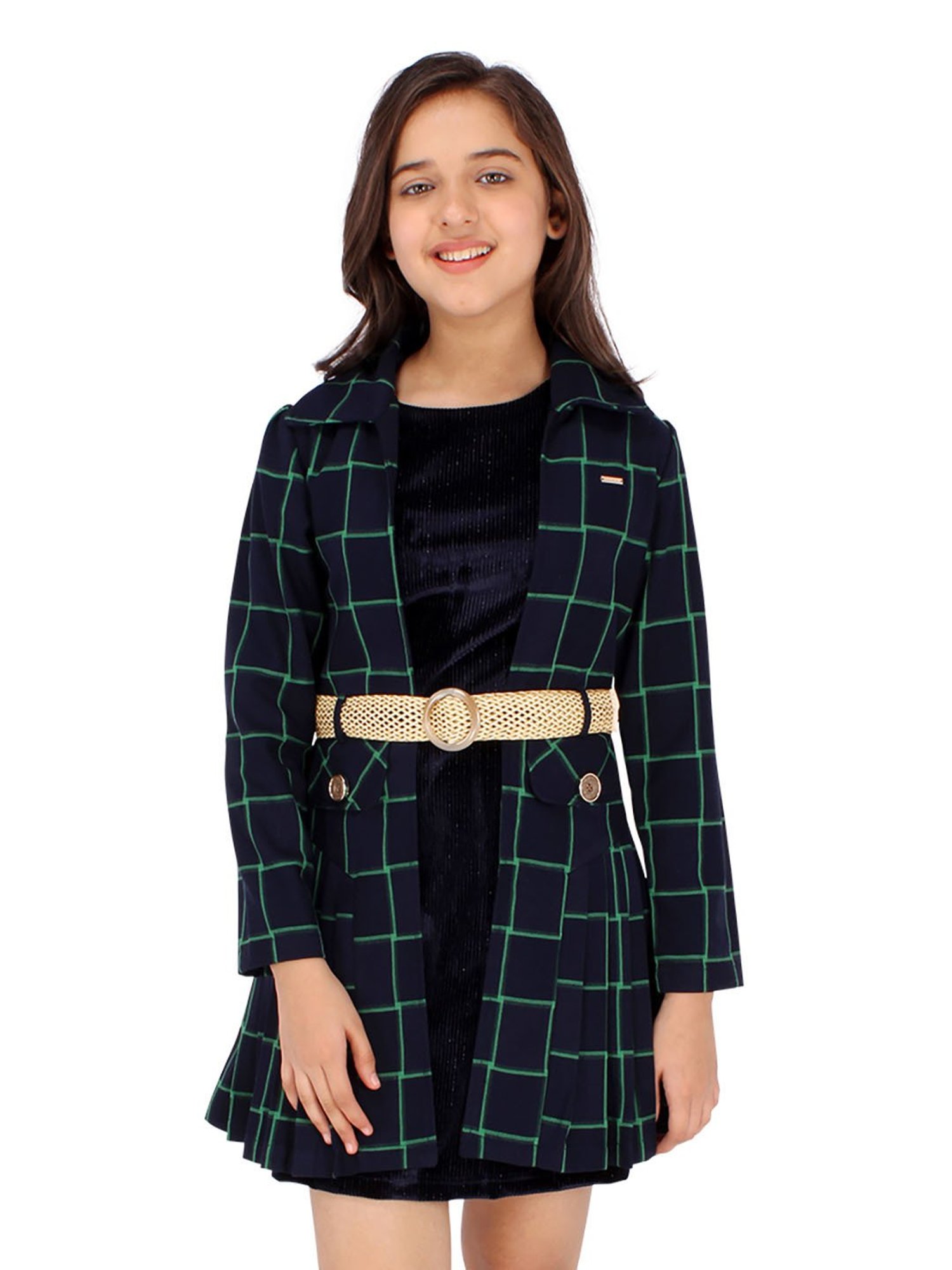 Cutecumber Kids Navy Checks Full Sleeves Dress with Jacket