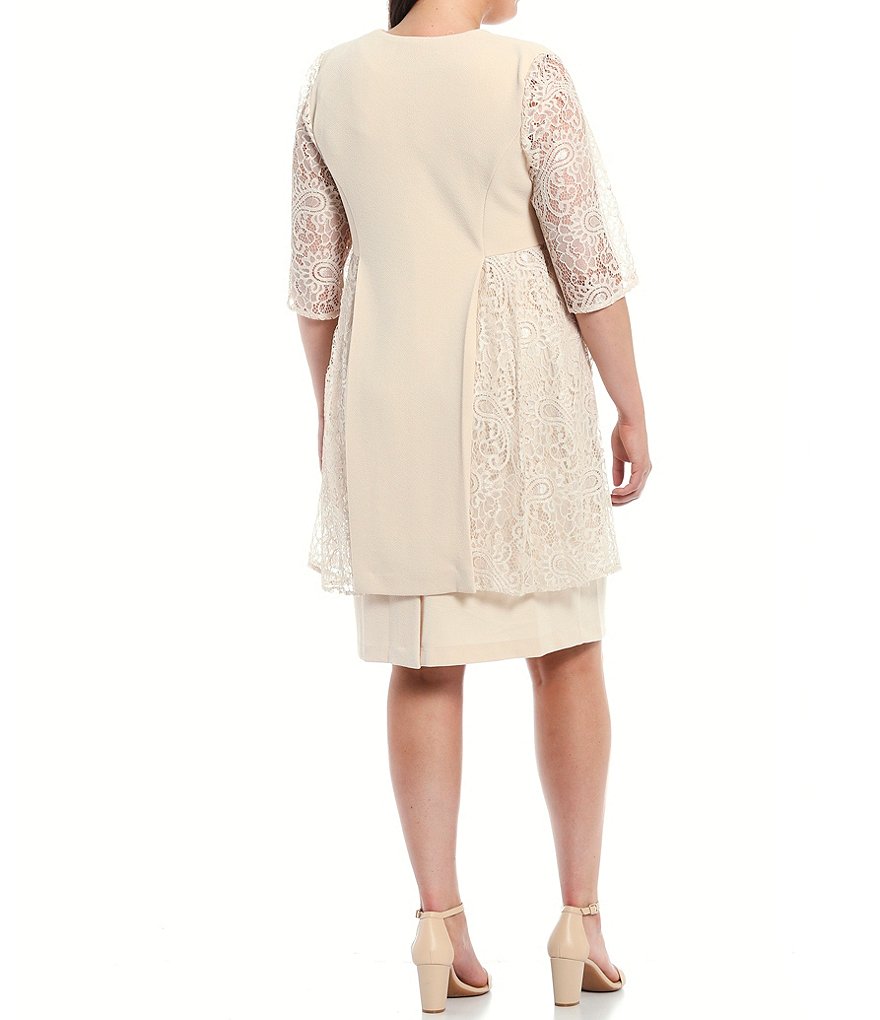 Le Bos Plus Size Round Neck 3/4 Sleeve Lace Panel 2 Piece Stretch Knit Duster Jacket Dress