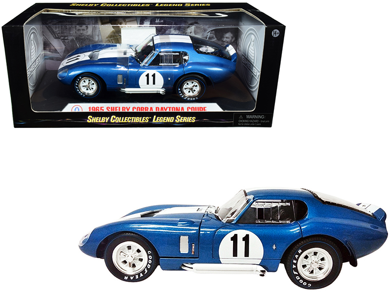 1965 Shelby Cobra 427 S/C Dark Blue Metallic with White Stripes with Printed Carroll Shelby's Signature on the Trunk 1/18 Diecast Model Car by Shelby Collectibles