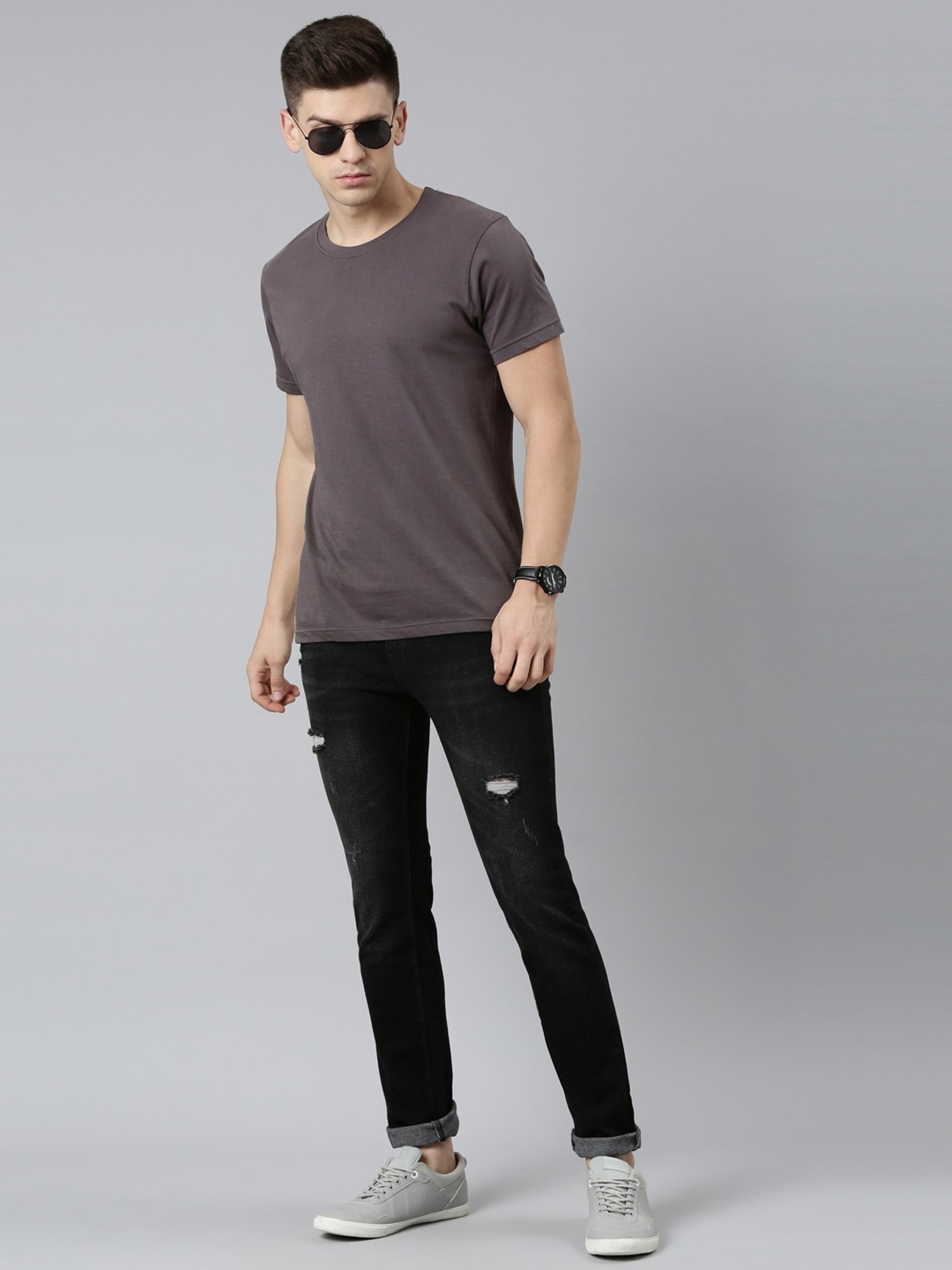 CINOCCI Cool Black Cotton Slim Fit Distressed Jeans