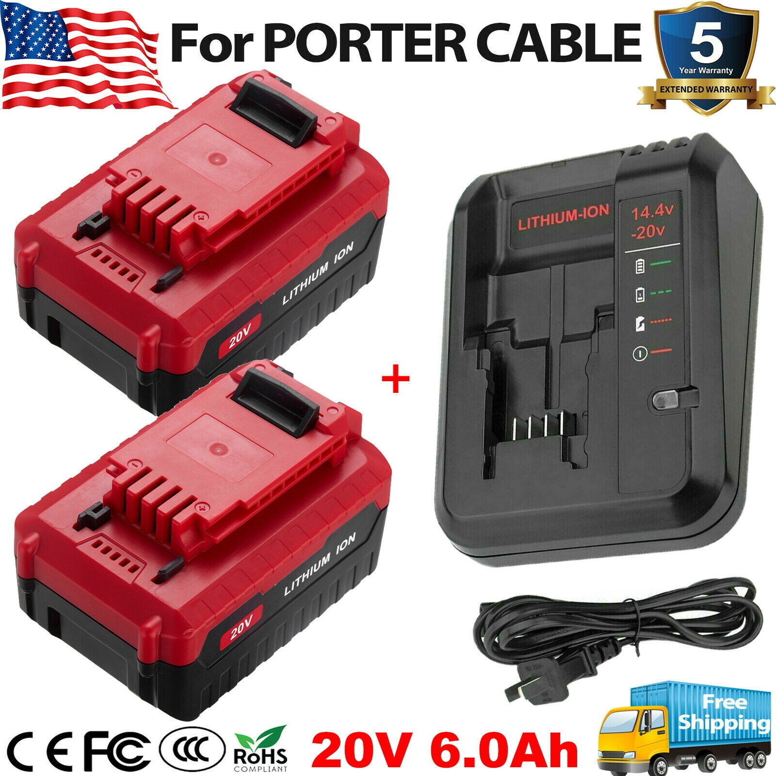 For PORTER CABLE 20 Volt MAX 6.0Ah Lithium-Ion Battery PCC680L PCC685L + Charger