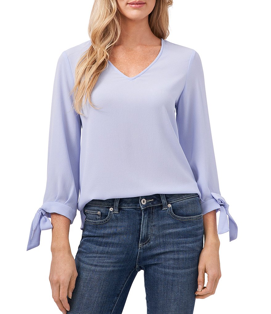 CeCe 3/4 Bow Tie Sleeve V-Neck Volume Blouse