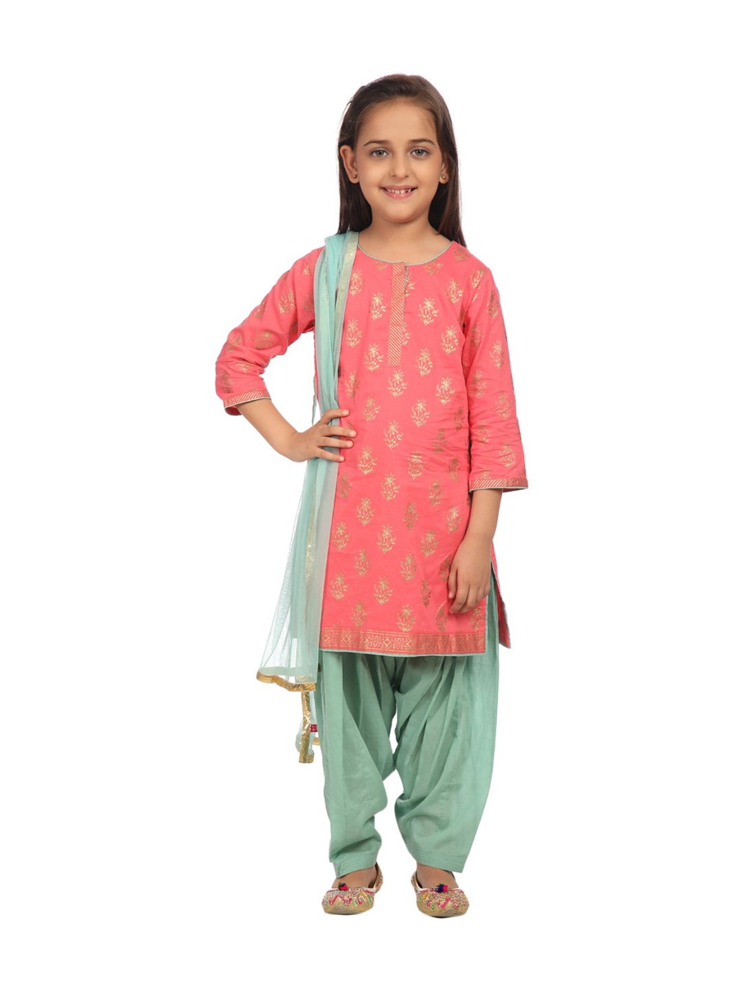 BIBA Girls Pink Cotton Printed Kurta & Salwar With Dupatta