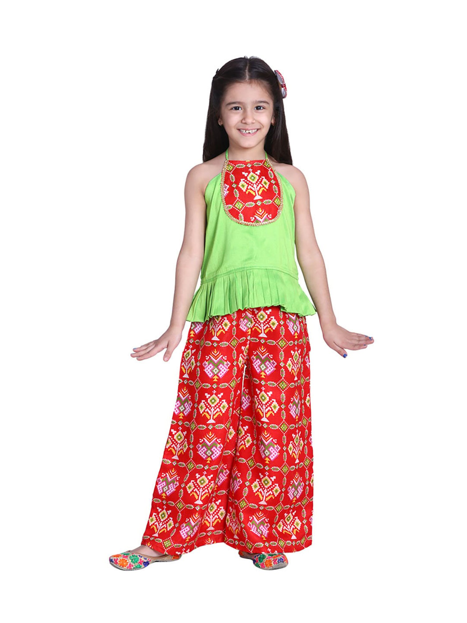 BownBee Kids Red & Green Printed Patola with Palazzo