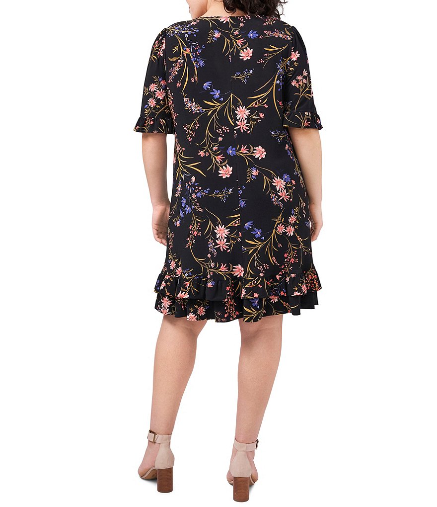 CeCe Plus Size V-Neck Ruffled Short Sleeve Floral Knit Dress