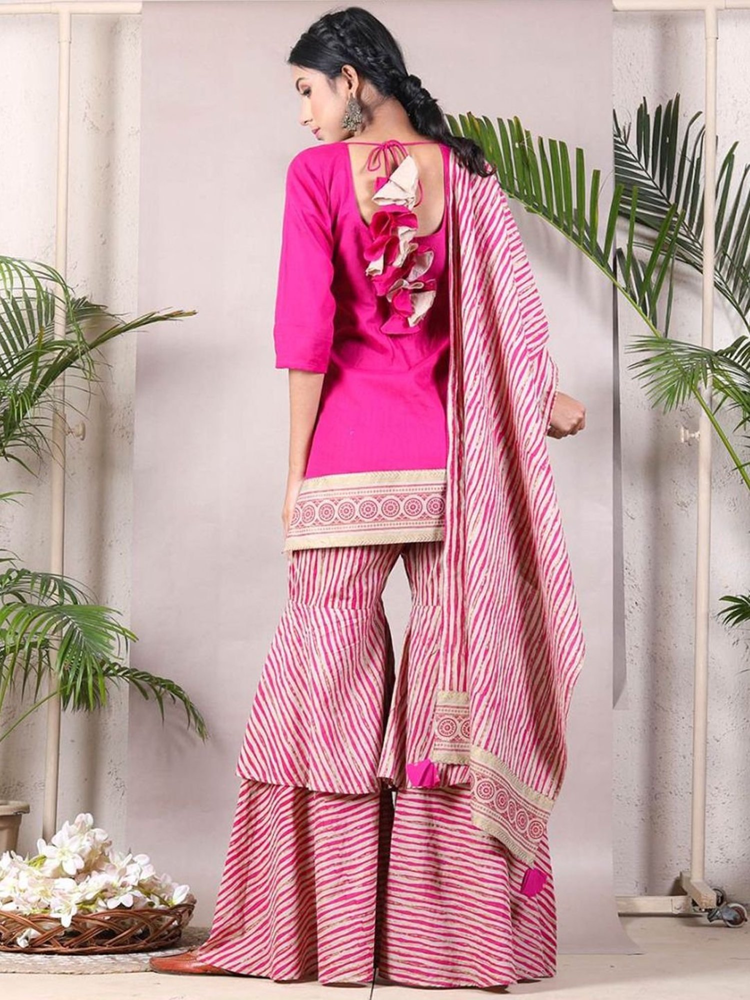 Rustorange Magenta & Beige Kurta & Ruffle Pant Set with Dupatta