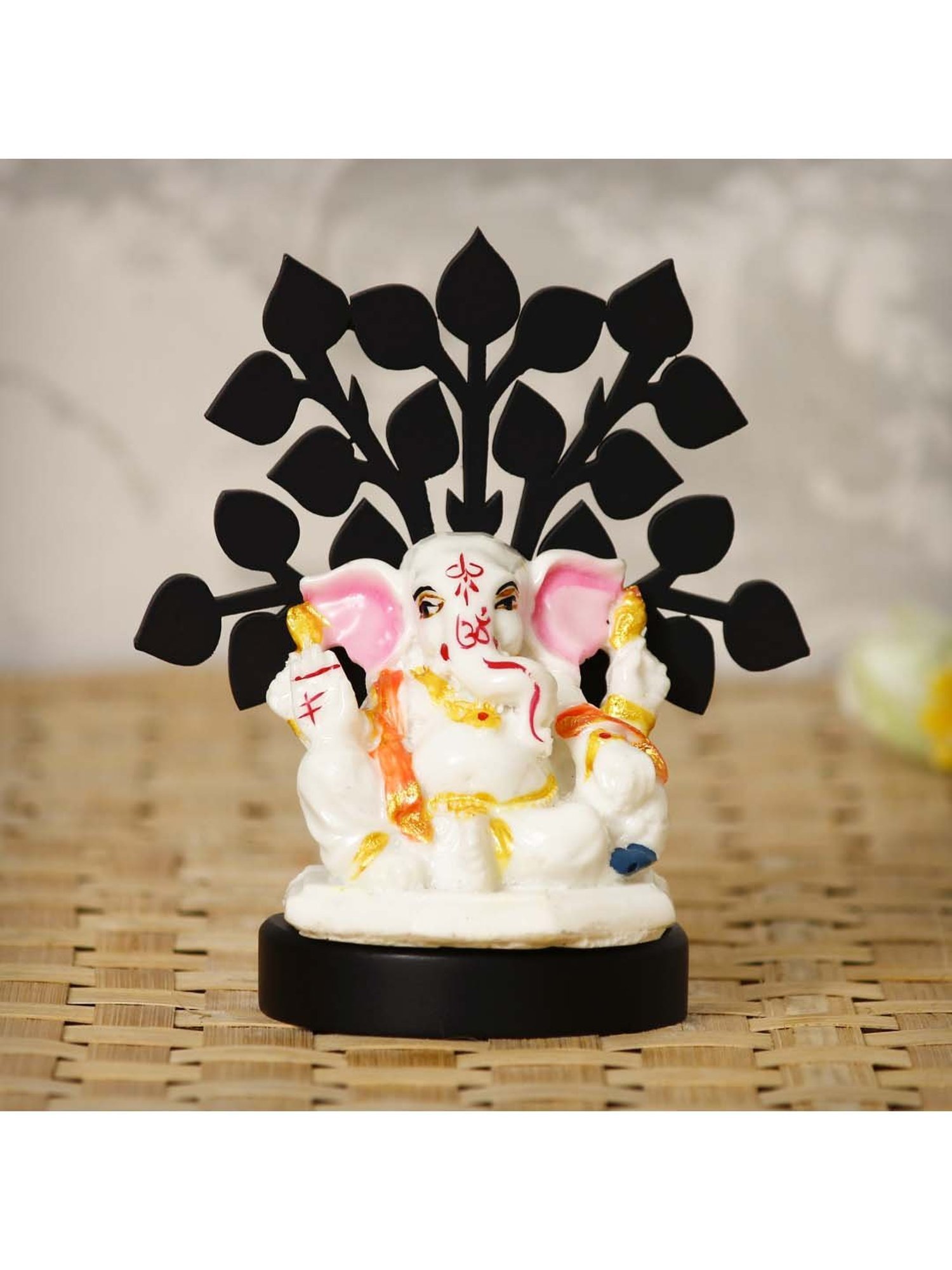 Decorative Lord Ganesha Idol with Wooden Tree for Car Dashboard, Home Temple and Office Desks