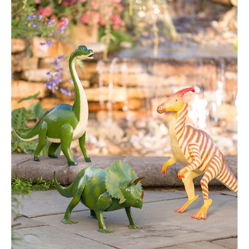 Wind & Weather Handcrafted Striped Metal Parasaurolophus Dinosaur Sculpture