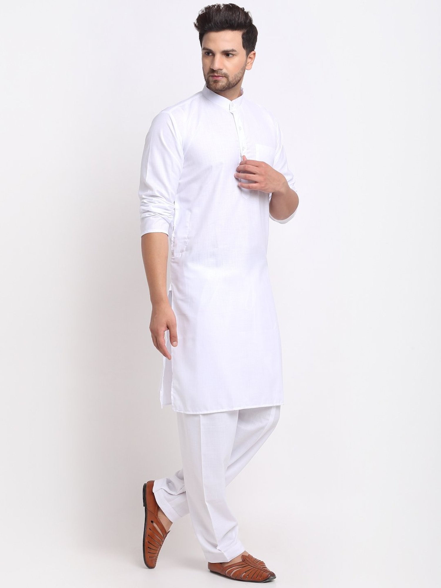 Benstoke White Cotton Regular Fit Kurta Set