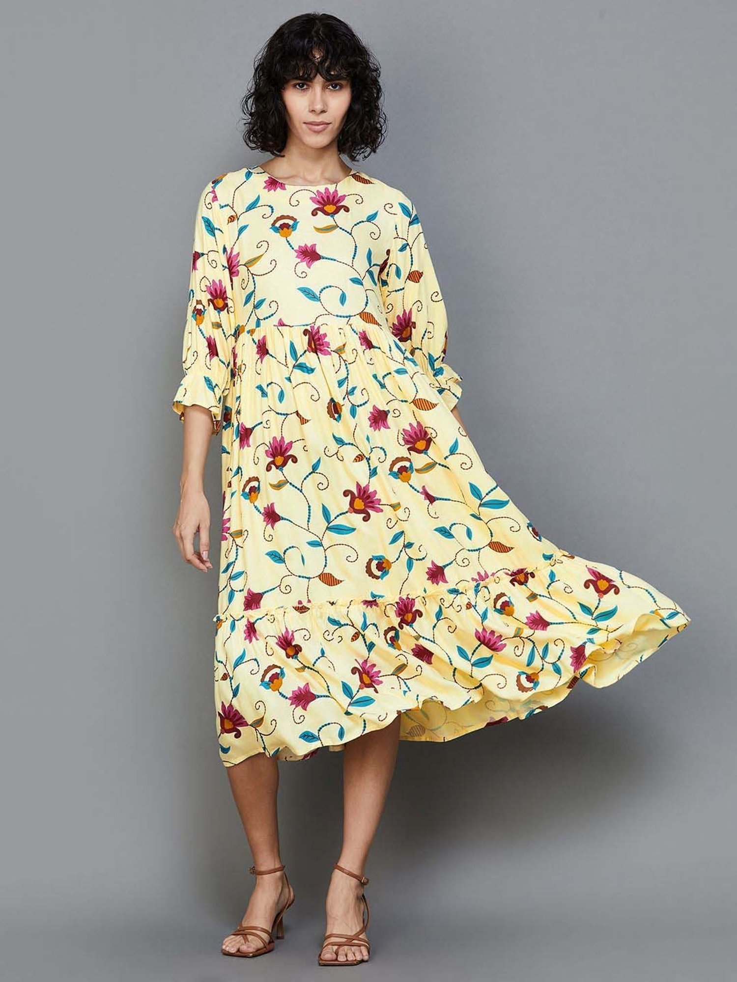 Colour Me by Melange Yellow Printed A-Line Dress