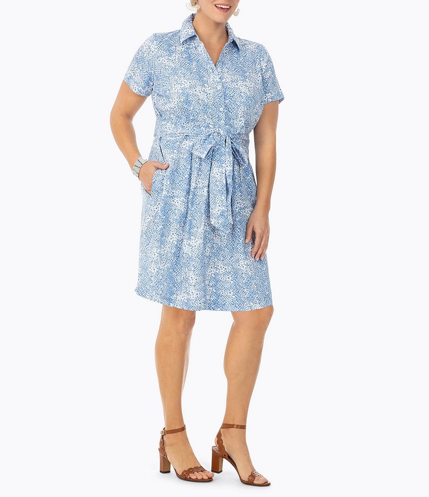 Foxcroft Plus Size Point Collar Short Sleeve Pebbled Python Noniron Dress