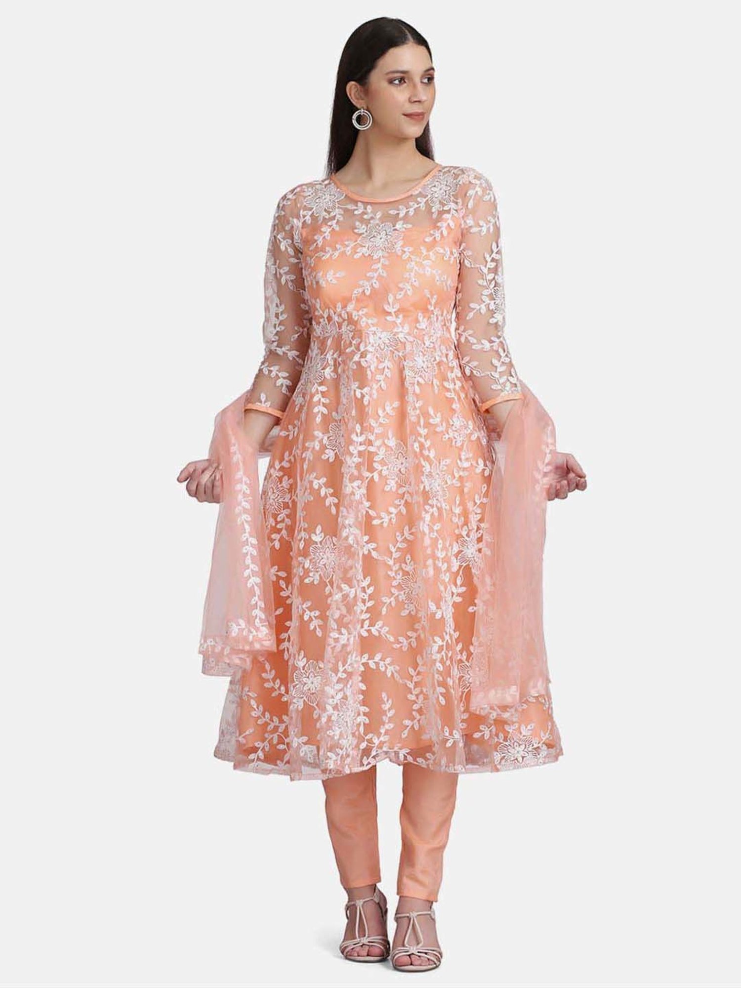 Warthy Ent Peach Embroidered Semi Stitched Dress Material