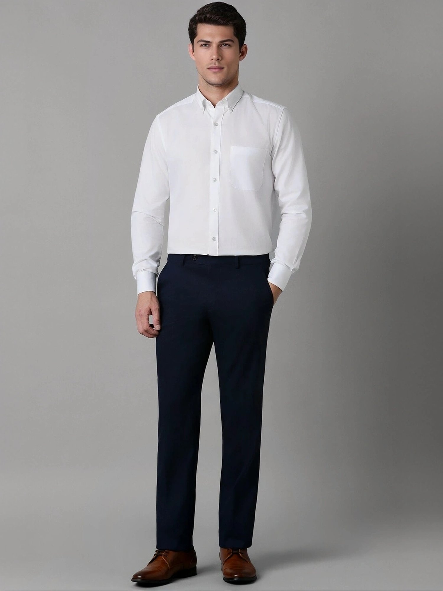 Louis Philippe Navy Cotton Slim Fit Trousers