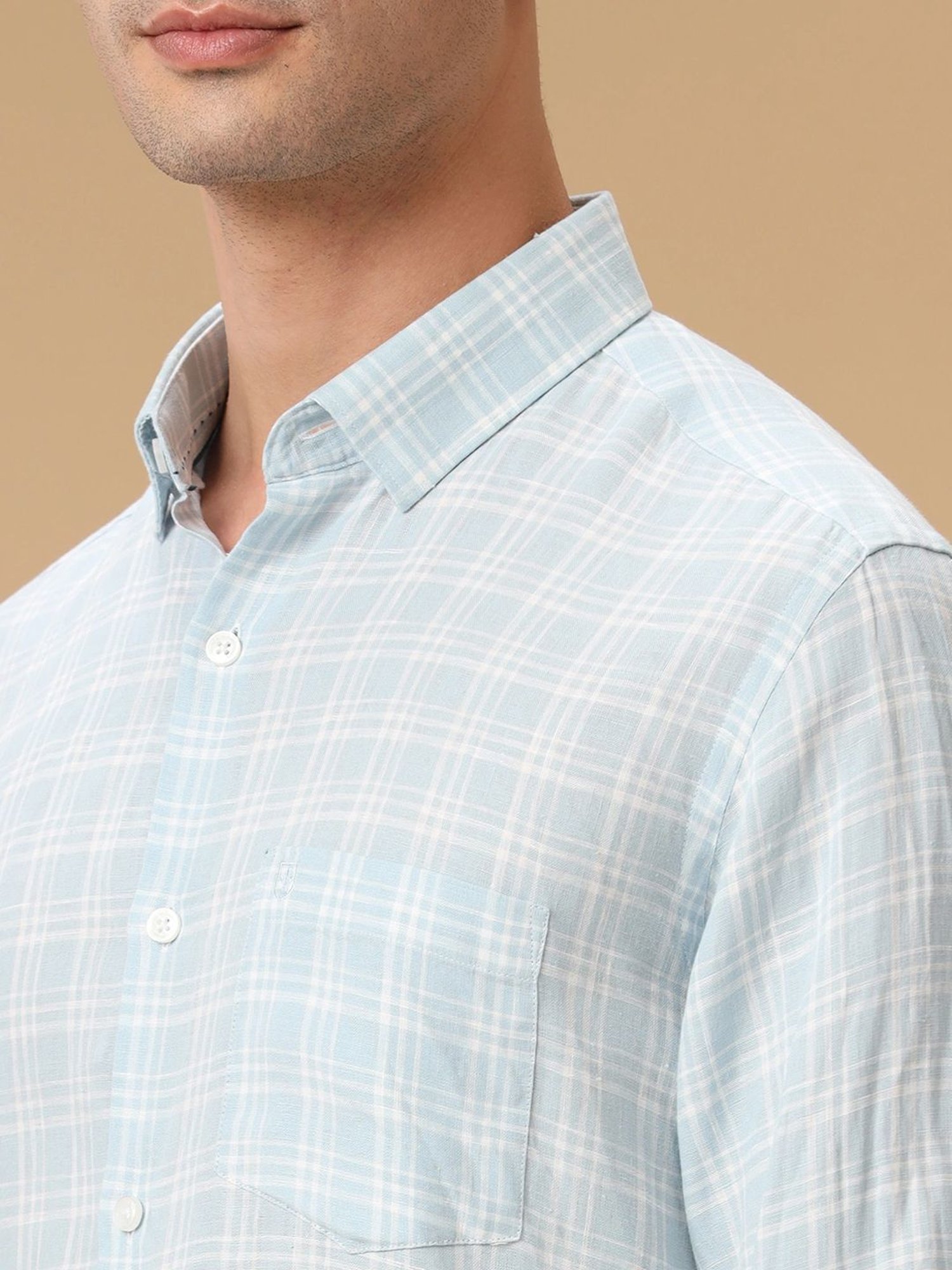 Linen Club Blue Linen Contemporary Fit Checks Shirt