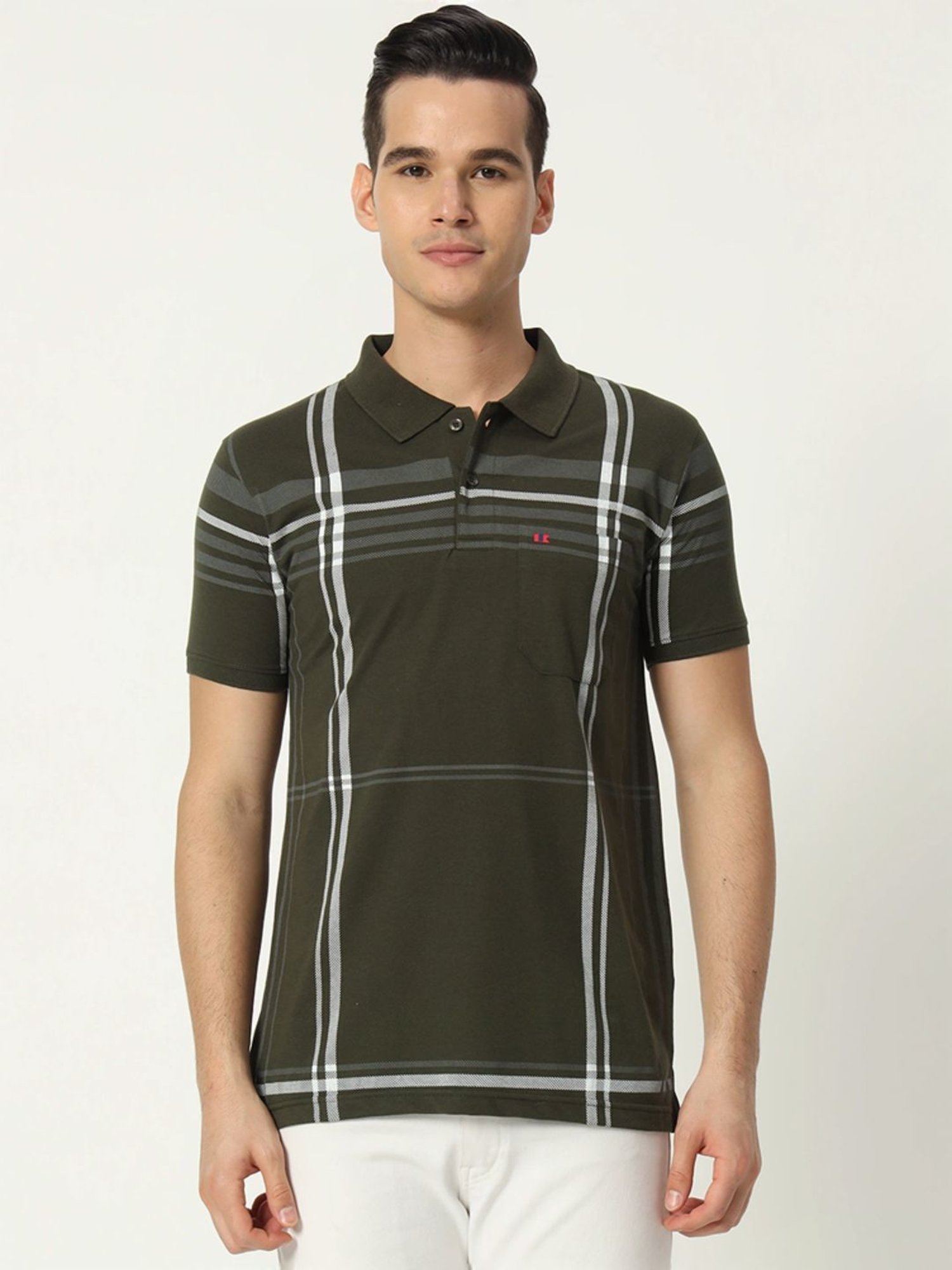Tab91 Green Regular Fit Checks Polo T-Shirts