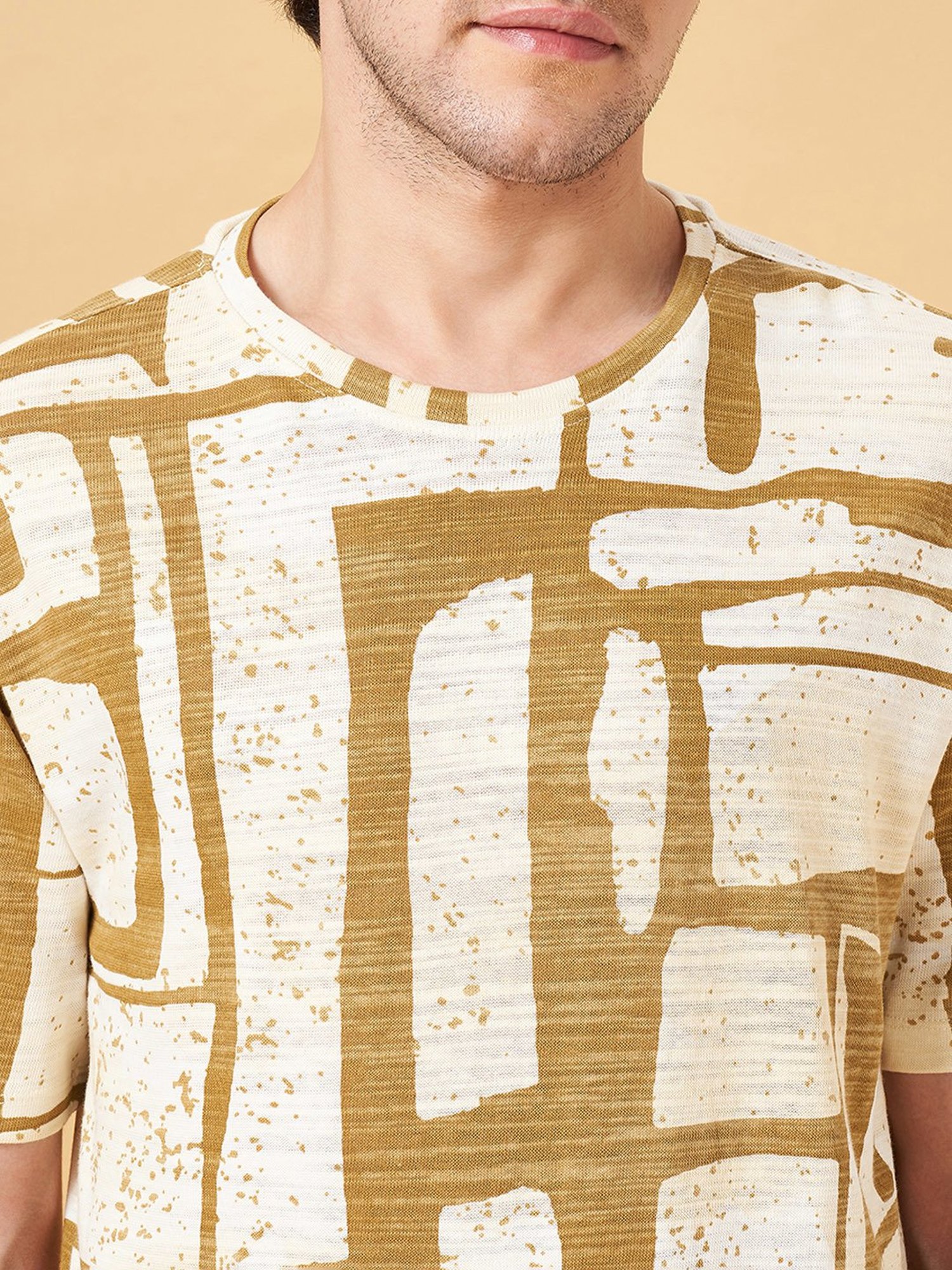 7 Alt by Pantaloons Mustard Relaxed Fit Printed Crew T-Shirt