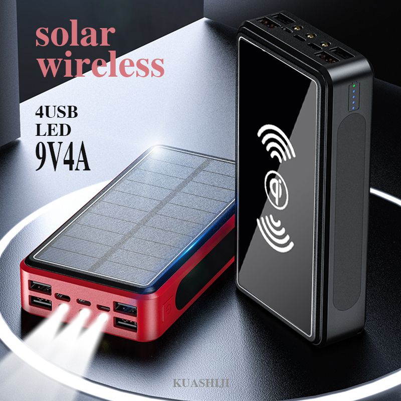 NEWEST!Large Capacity QI Wireless Charger solar Power Bank 4usb Portable mobile power Outdoor Travel Charger for Iphone Android Tablet and More