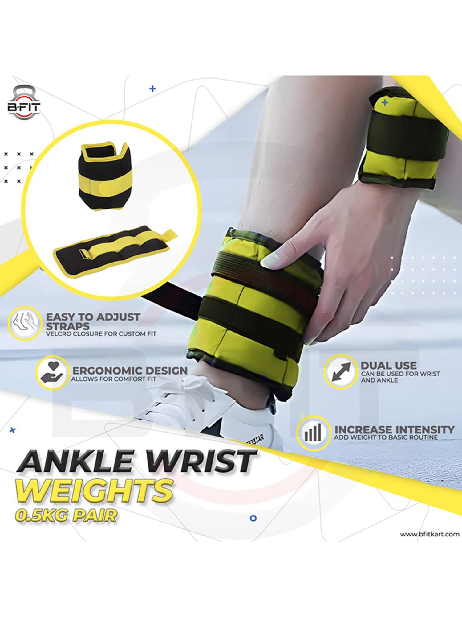 B Fit Fully Adjustable Ankle/Wrist Weight Pair with Adjustable Straps (Black)