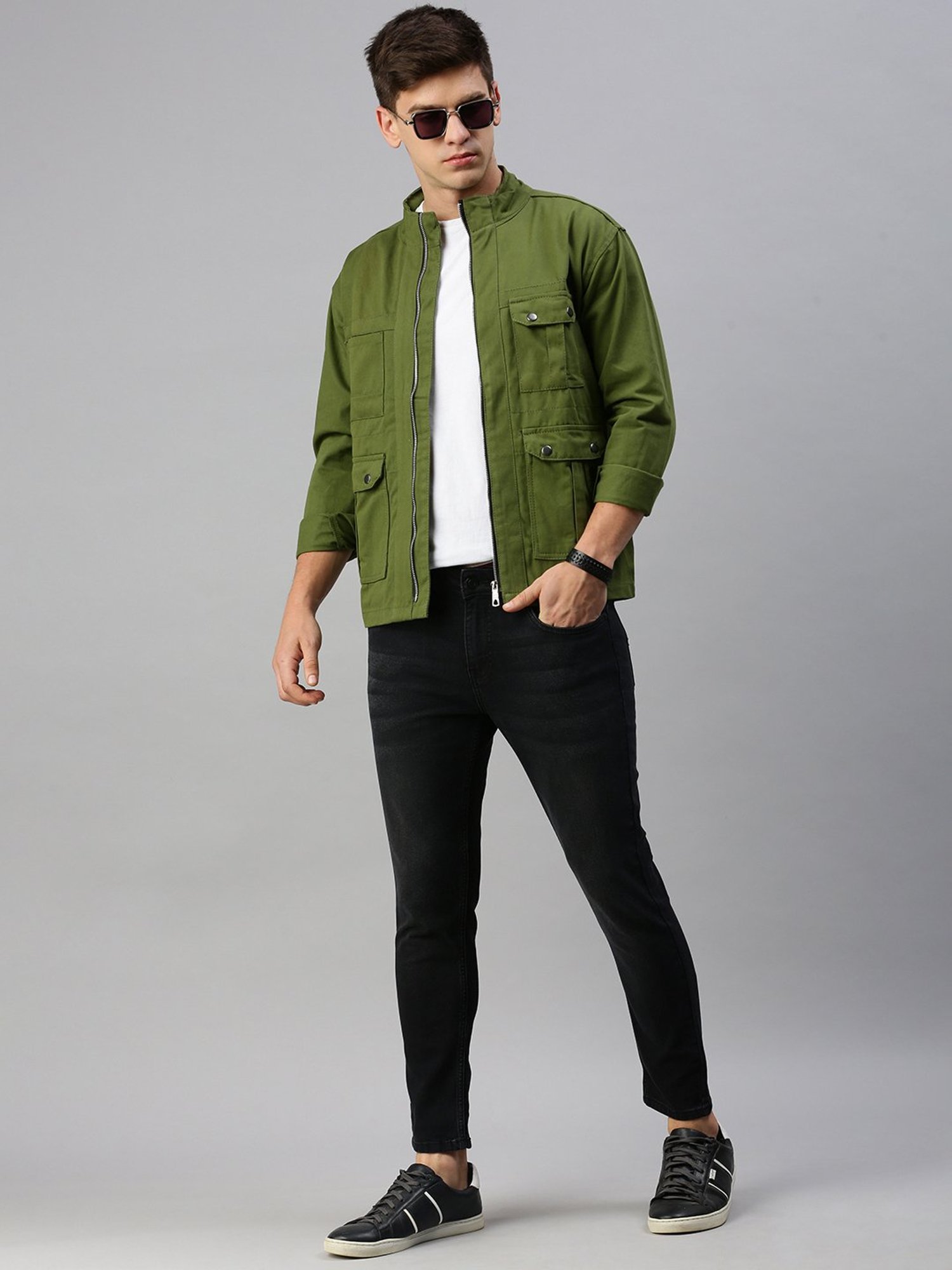 VOXATI Green Regular Fit Mock Collar Denim Jacket