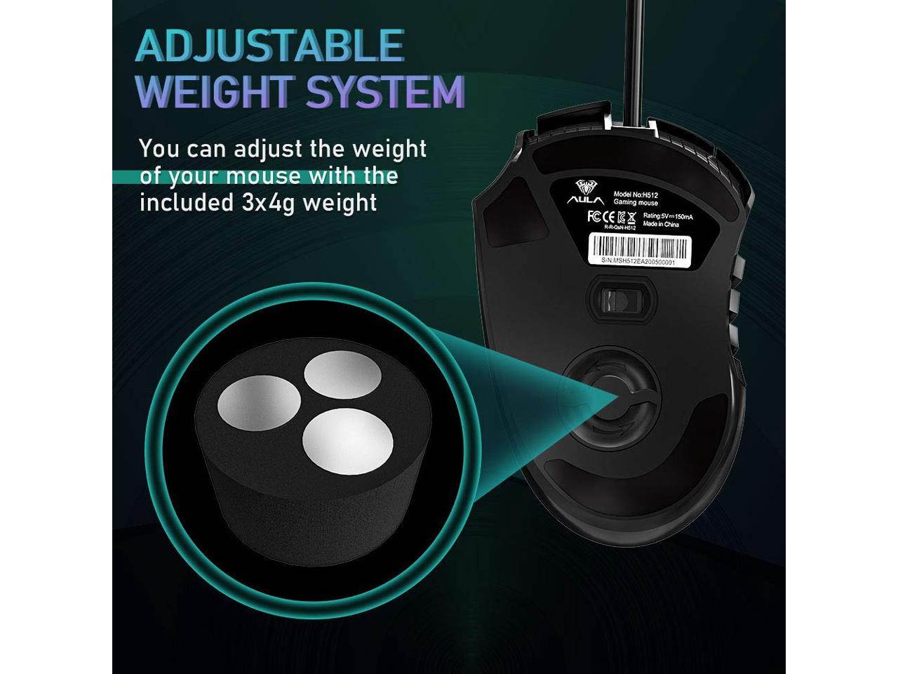 AULA H512 Gaming Mouse, RGB Breathing Backlit, 5000 dpi, 11 Keys Custom Programable, Custom Weight, Ergonomic Gaming USB Optical Mice, Gamer Desktop Laptop PC Wired Mouse, Black