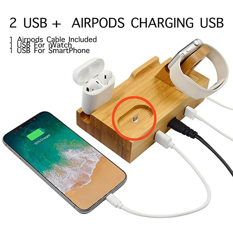 3Port Bamboo Charging Station Desk Dock Stock Cradle Holder Organizer Charging Stand for Universal Multi Device Compatible AirPodsApple WatchCell Phone with Case