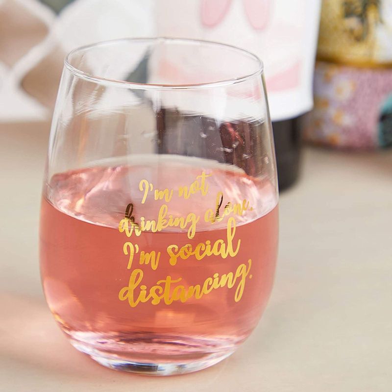 Okuna Outpost Stemless Clear Wine Glasses Cup Gift, I'm Not Drinking Alone, I'm Social Distancing (15 oz)