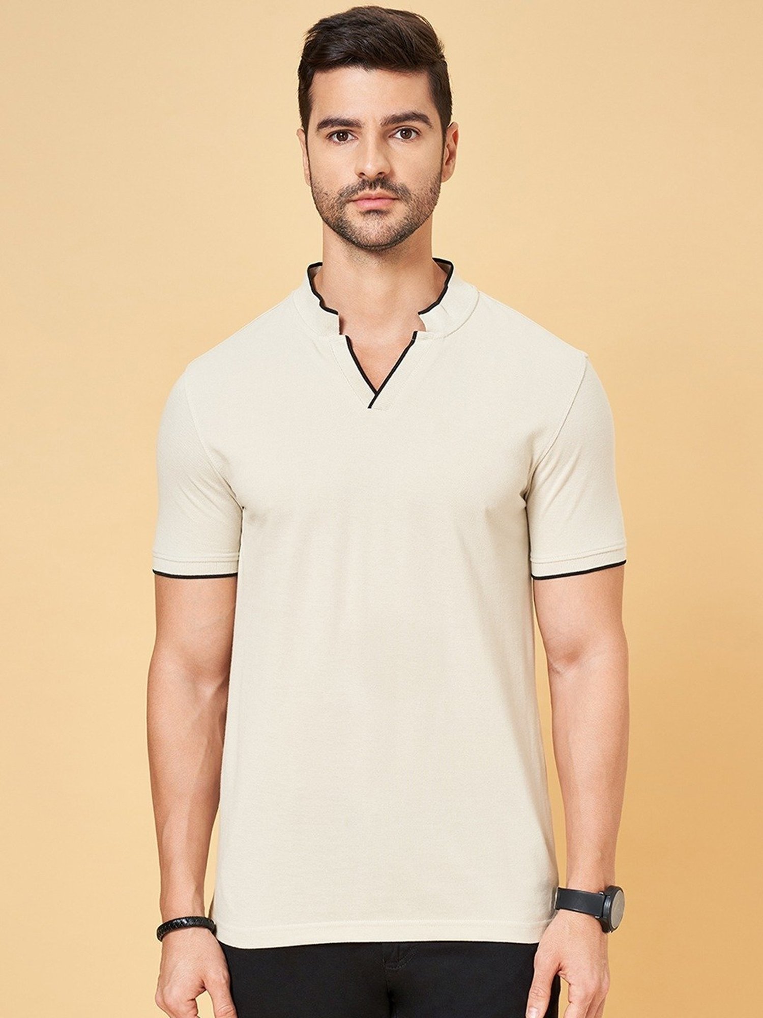 Byford by Pantaloons Beige Cotton Slim Fit T-Shirt