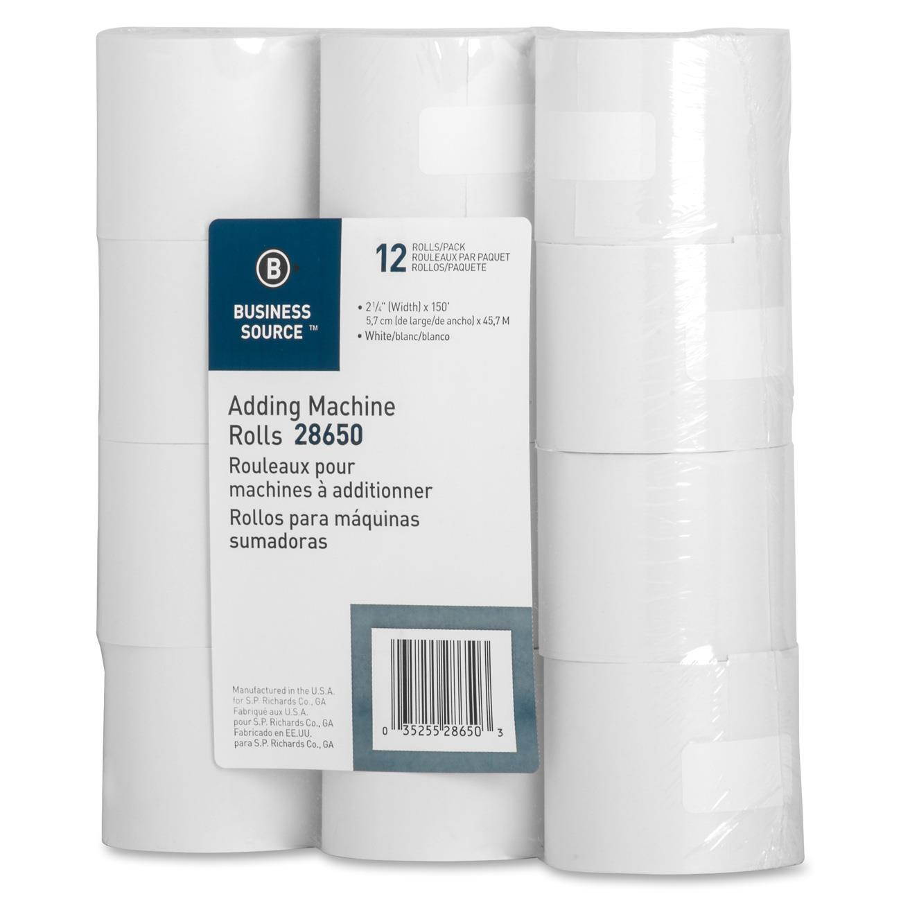 Business Source 28650 Adding Machine Rolls, 2-1/4"x150', 12/PK, White BSN28650