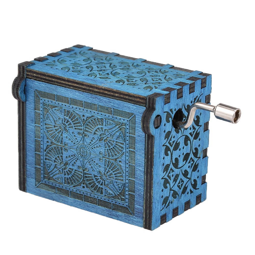 Vintage Wooden Theme Song Music Box Hand-operated Carved Engraving Music Case Creative Holiday Birthday Gifts for Kids Blue