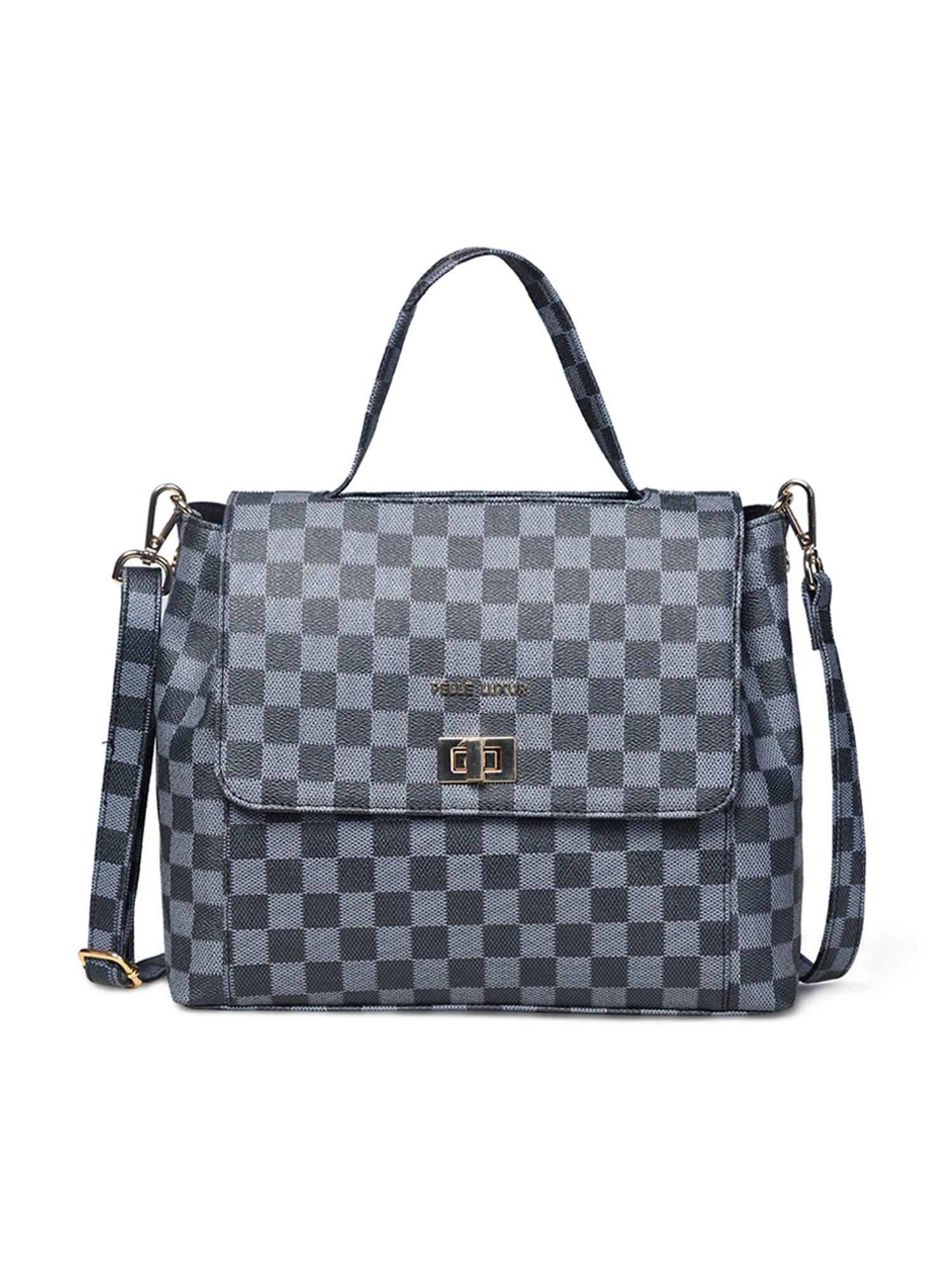 PELLE LUXUR Grey & Black Checks Medium Cross Body Bag