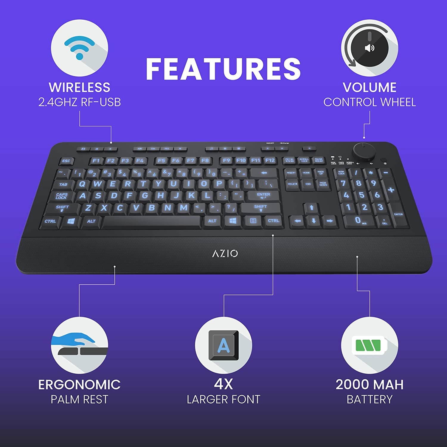 Azio Wireless Keyboard with Large Print Keys, Blue Color Backlight, 2.4gHz USB-RF Rechargeable and Multimedia Productivity Hotkeys (Vision Series KB510W)