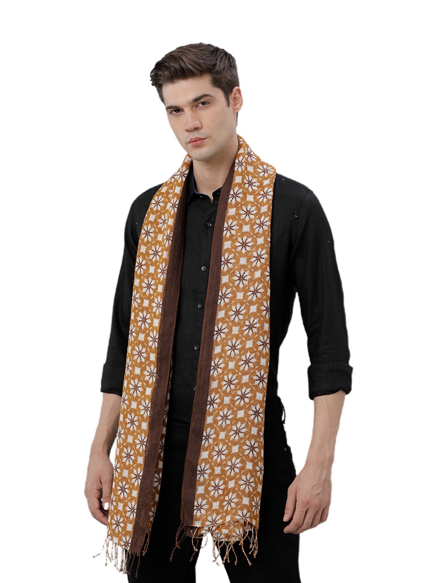 Linen Club Brown Printed Pure Linen Stole