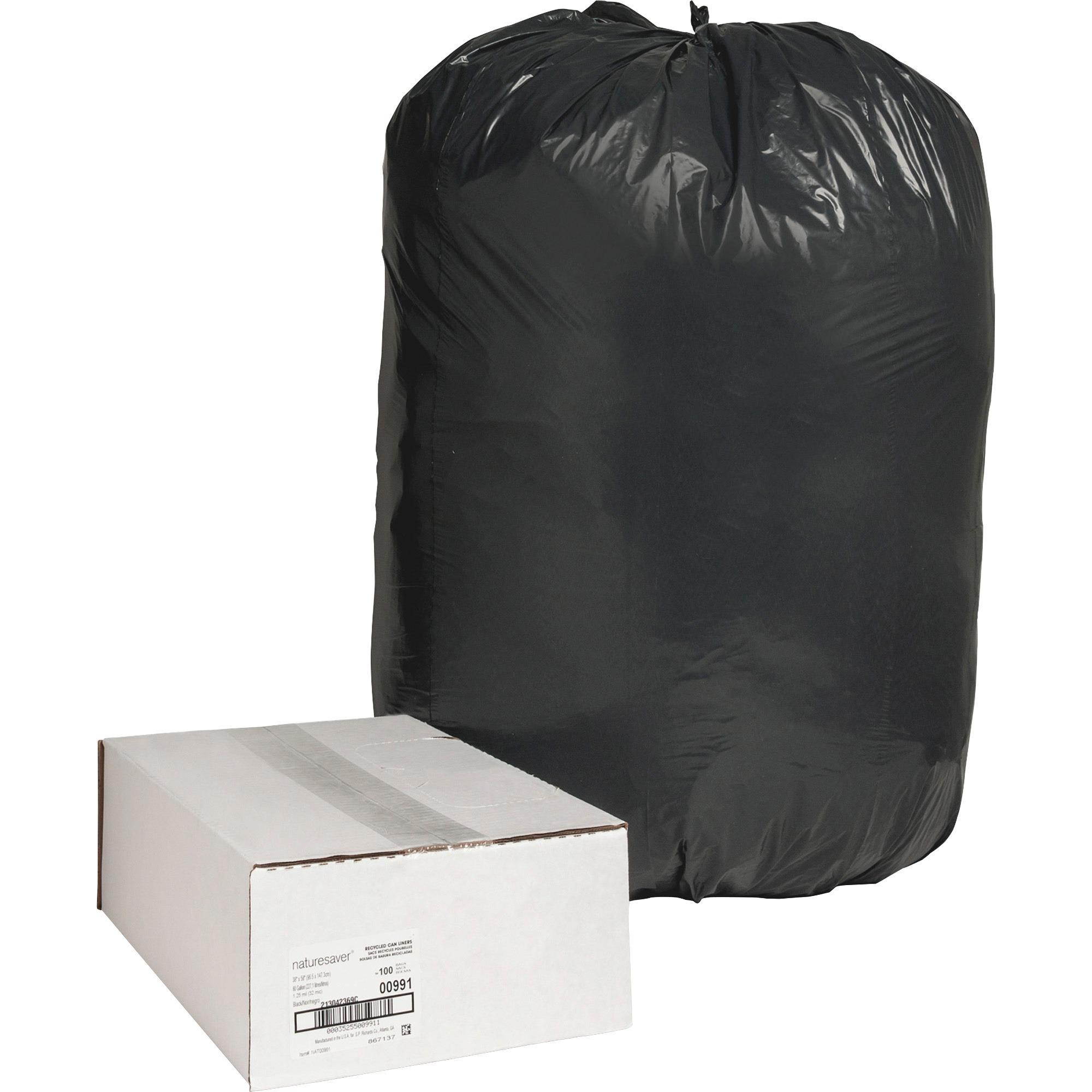 Nature Saver Trash Can Liners Rcycld 55-60 Gal 1.25mil 38"x58" 100/BX BK 00991