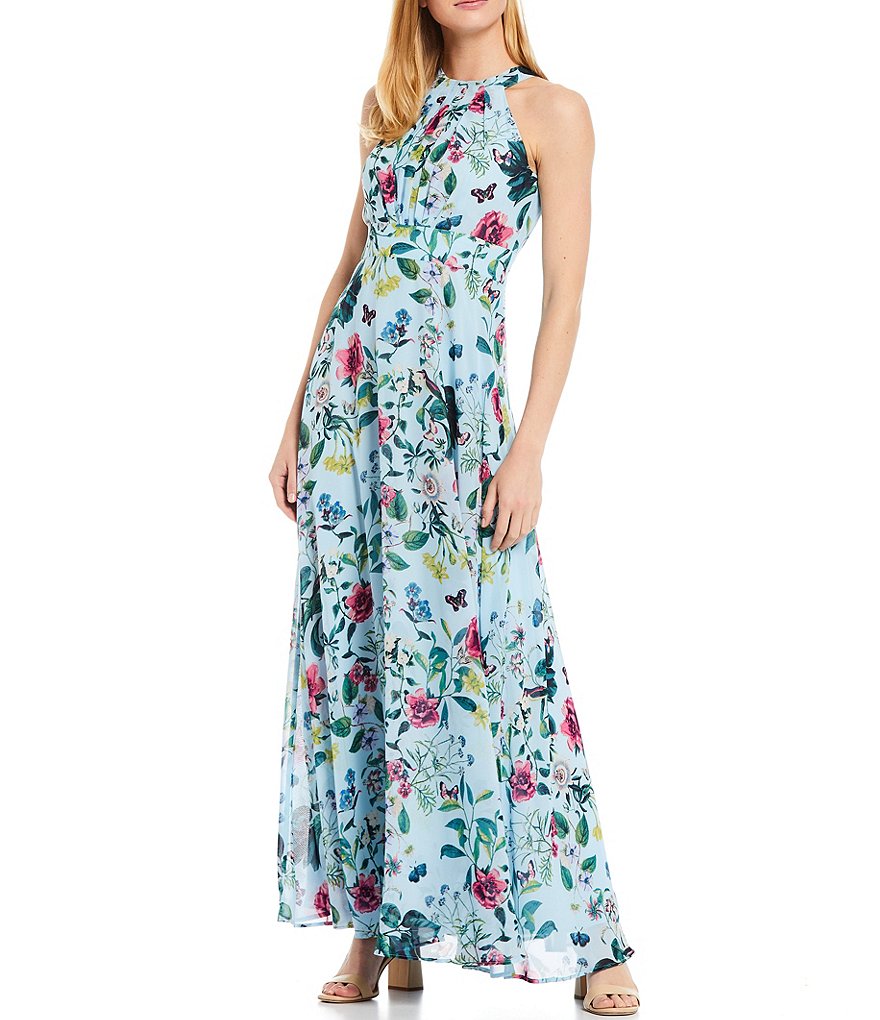 Eliza J Floral Chiffon Halter Sleeveless Maxi Dress