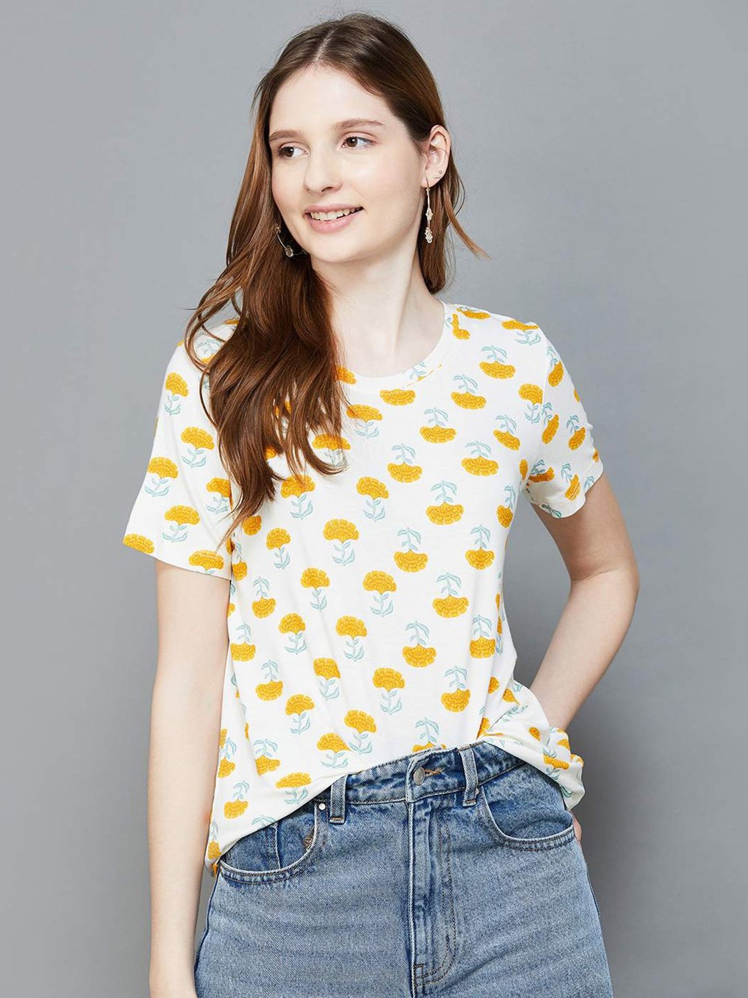 Colour Me by Melange Off-White Floral Print T-Shirt