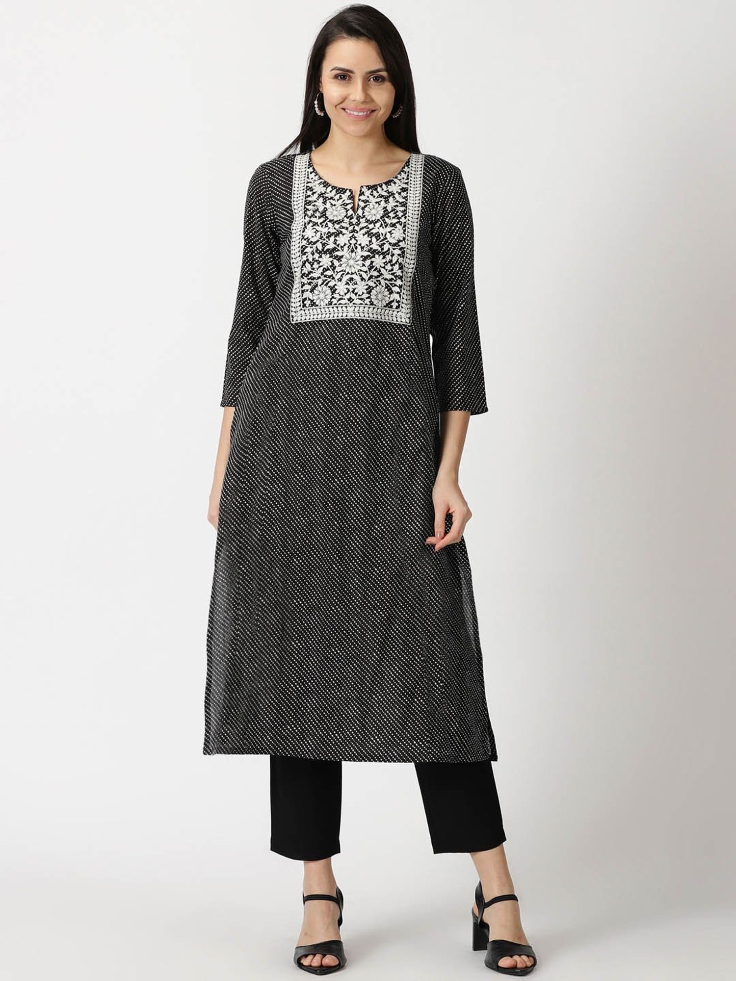 Saffron Threads Black Cotton Leheriya Print A Line Kurta