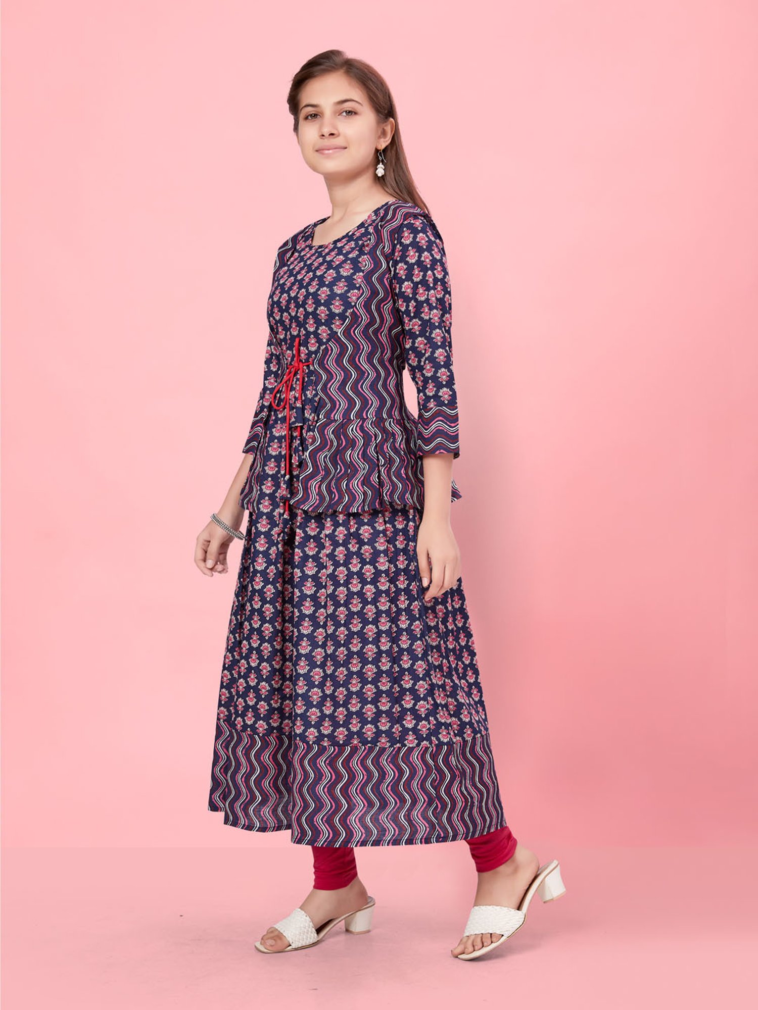 Aarika Kids Navy Floral Print Kurti with Jacket