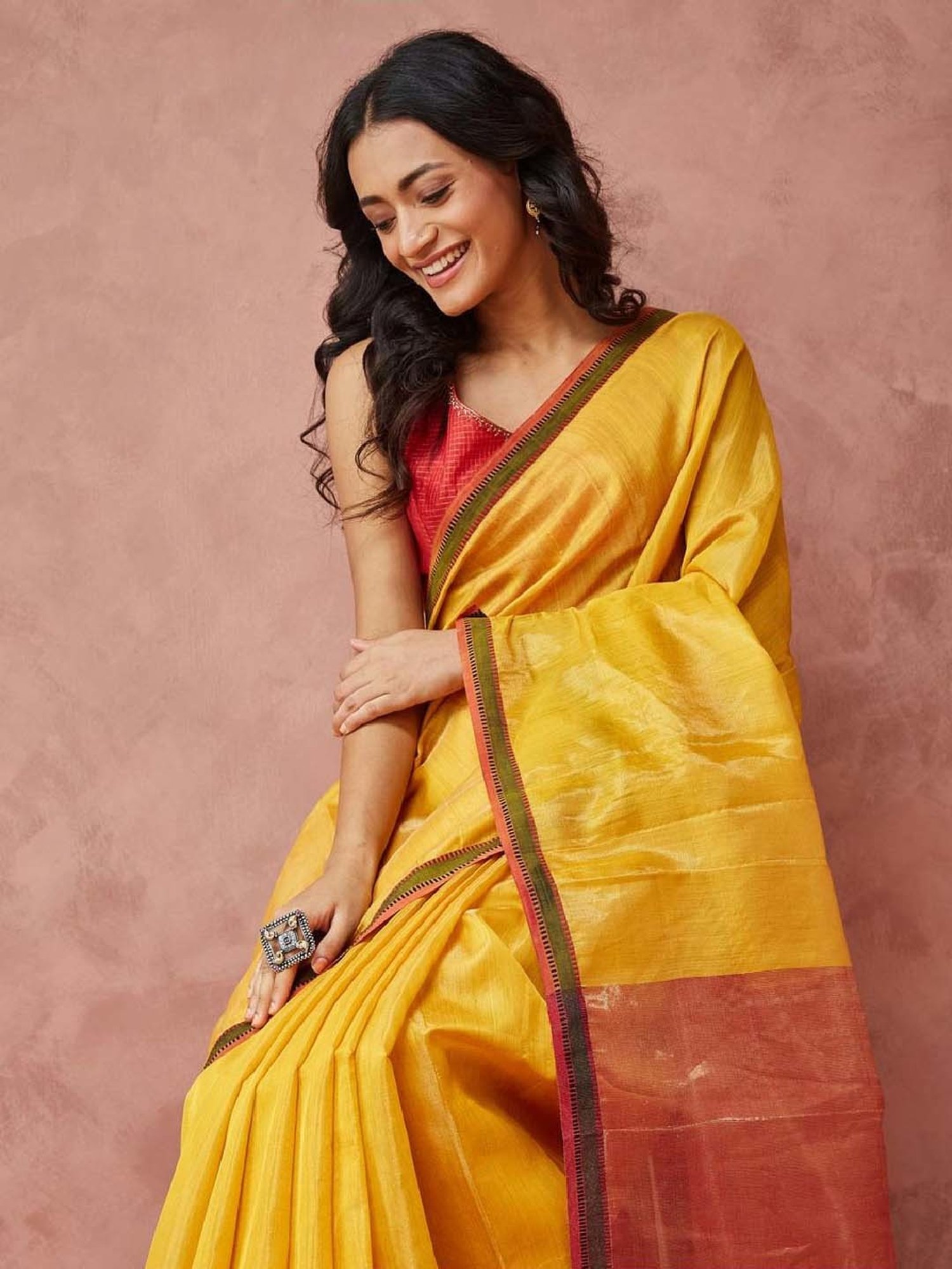 Unnati Silks Red Silk Printed Saree With Unstitched Blouse