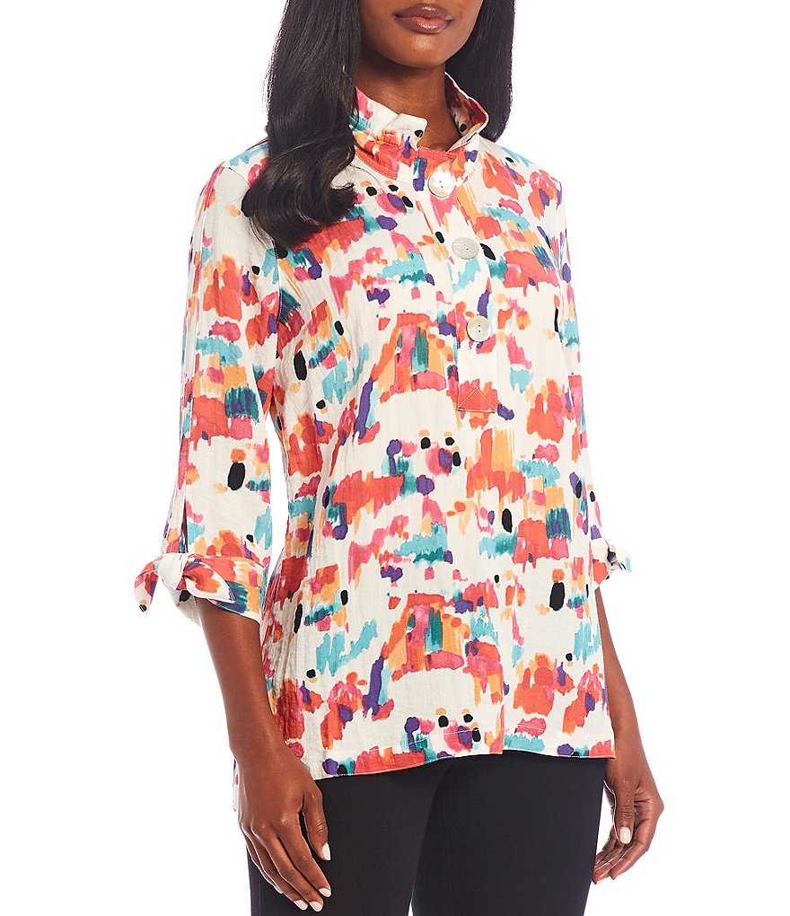 John Mark Wire Collar 3/4 Tie Sleeve Abstract Print Tunic