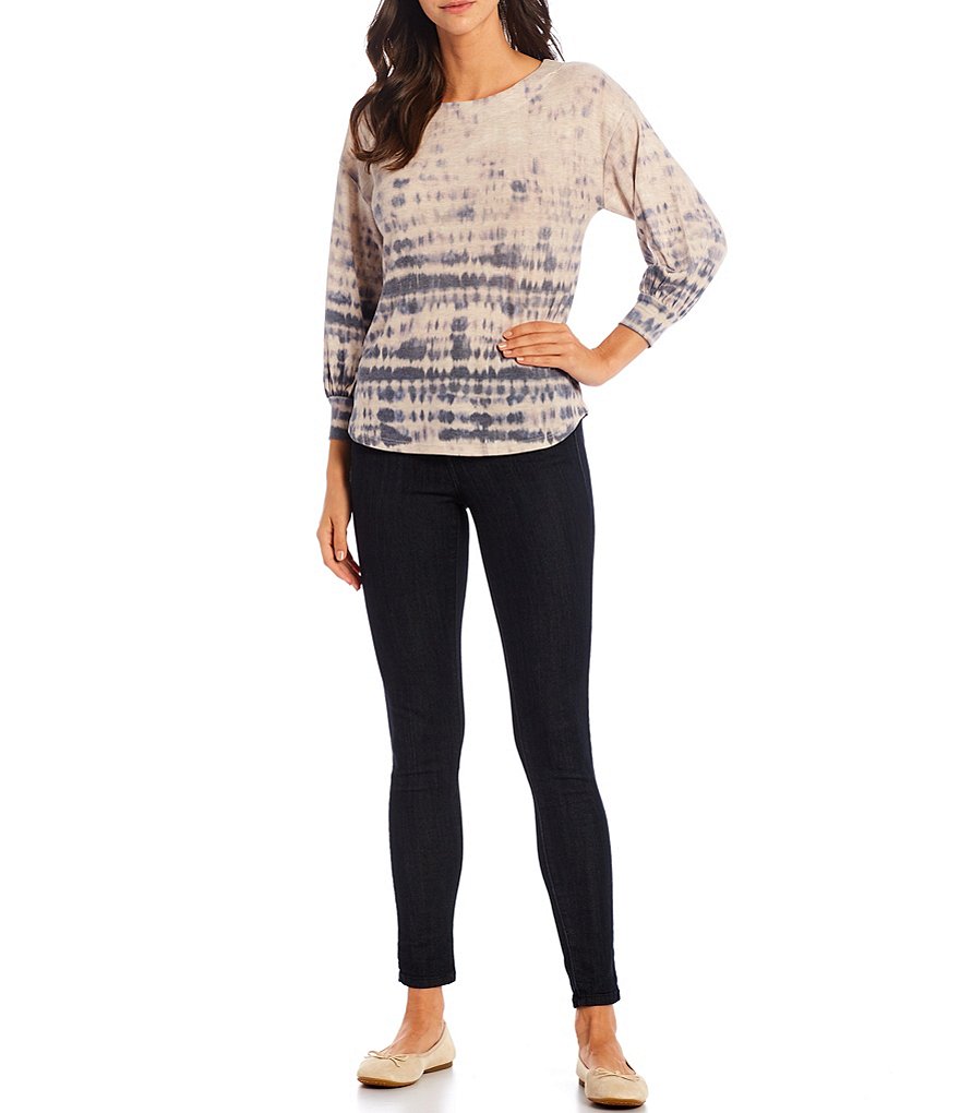 Democracy Tie Dye Placement Print Boat Neck 3/4 Blouson Sleeve Knit Top