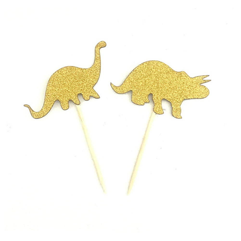 24PCS Golden Dinosaur Cake Toppers Decorative Glittering Animal Cupcake Muffin Food Fruit Picks Party Favors Supplies