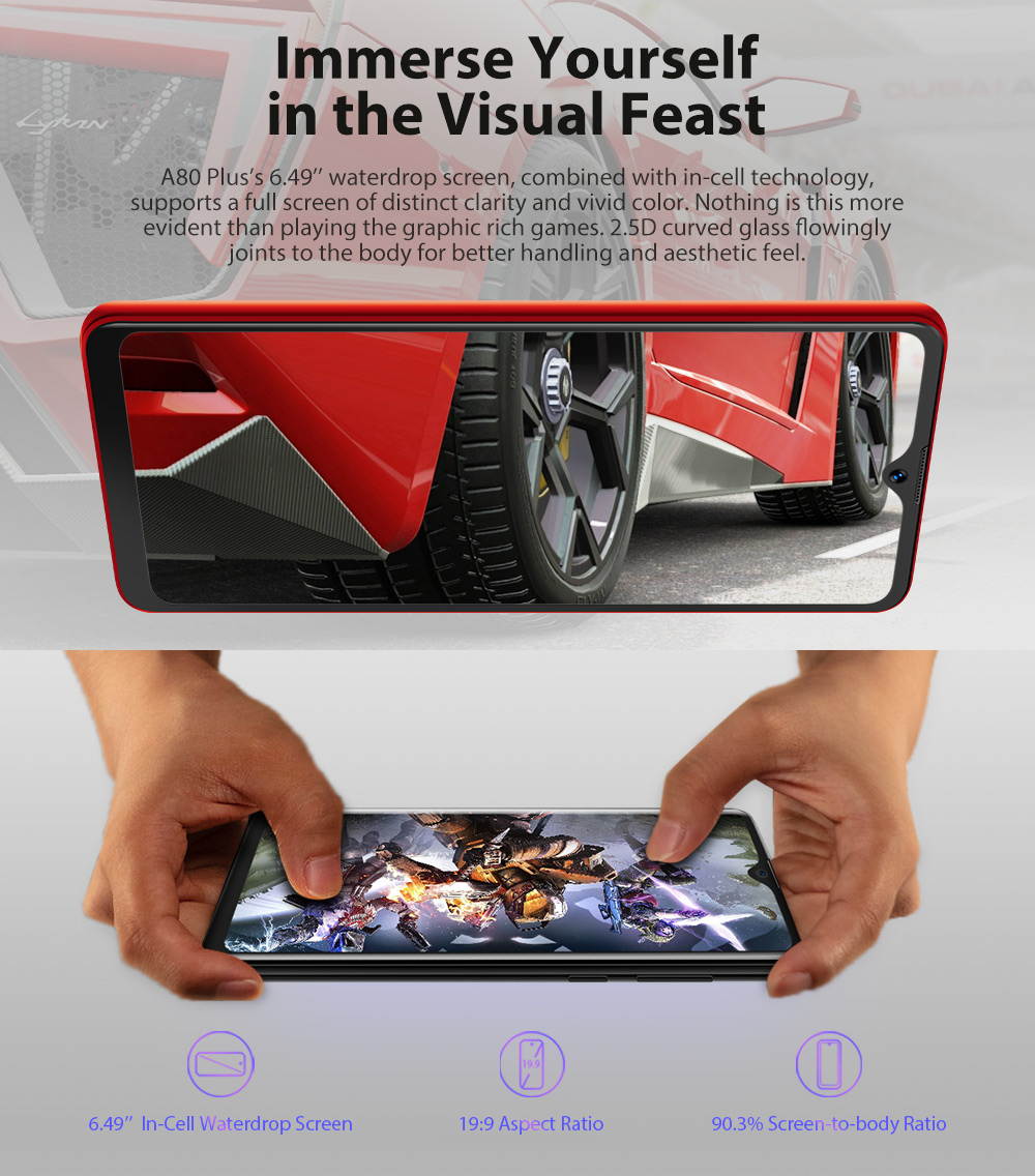 A80 Plus Smartphone, 6.49 Inch HD + Waterdrop Screen Face Unlock, Android 10.0 Unlocked Phone with 4680mAh Big Battery, Dual SIM 4G Phone