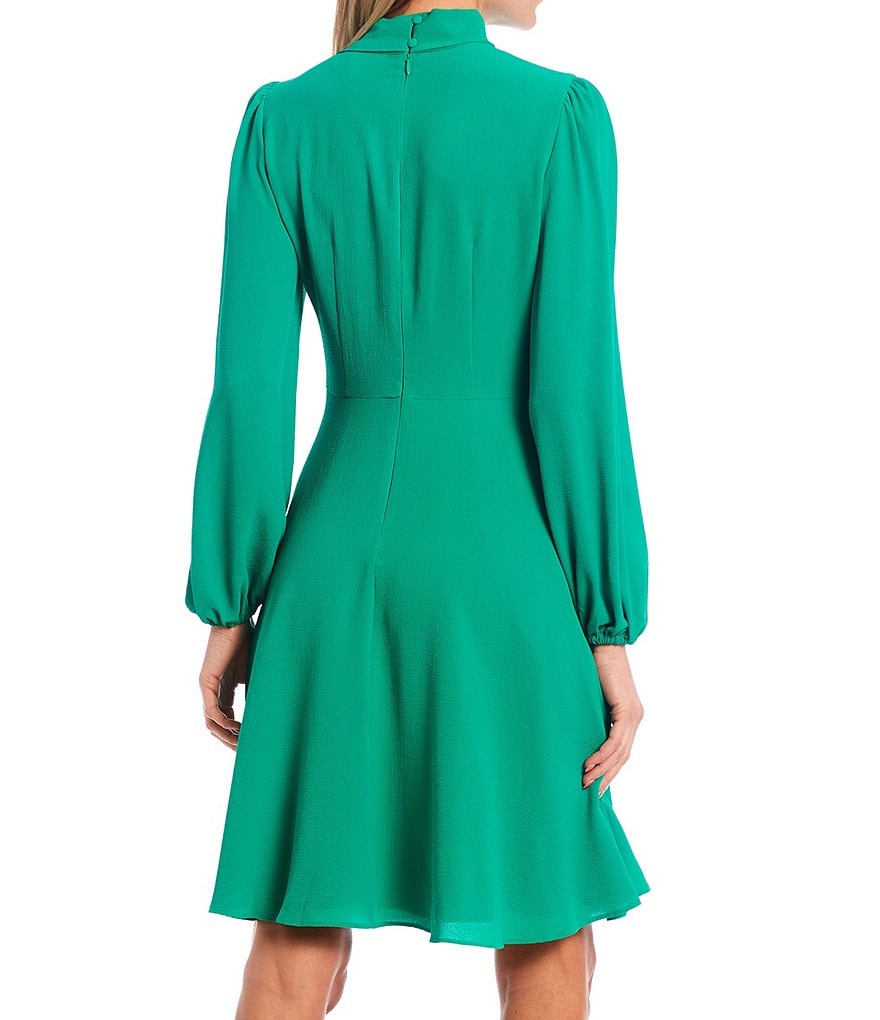 Maggy London Tie Neck Crepe Fit & Flare Long Sleeve Dress