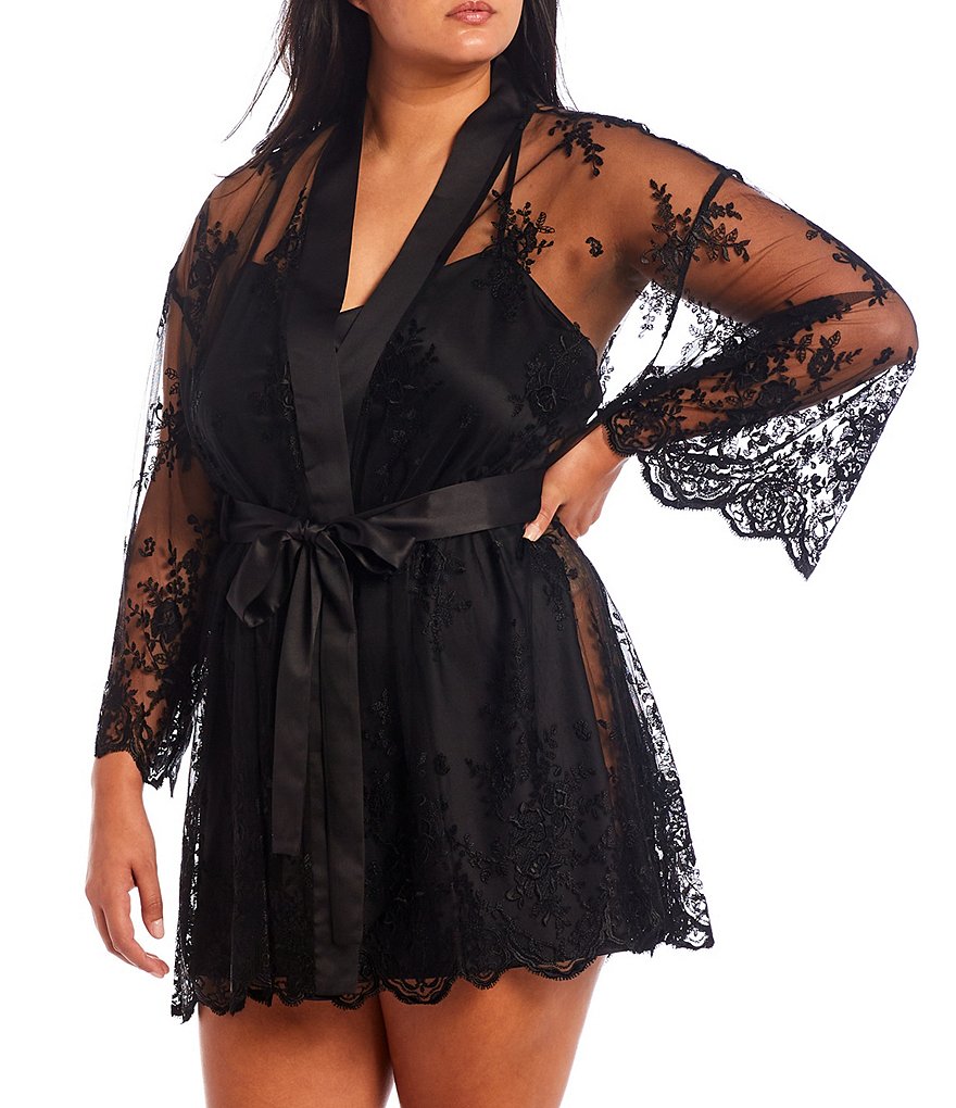 Rya Plus Allover Lace Short Wrap Banded Collar 3/4 Sleeve Robe
