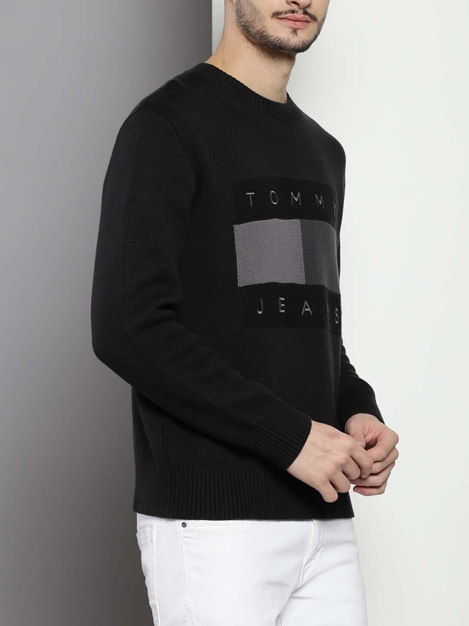 Tommy Hilfiger Black Cotton Relaxed Fit Colour Block Sweaters