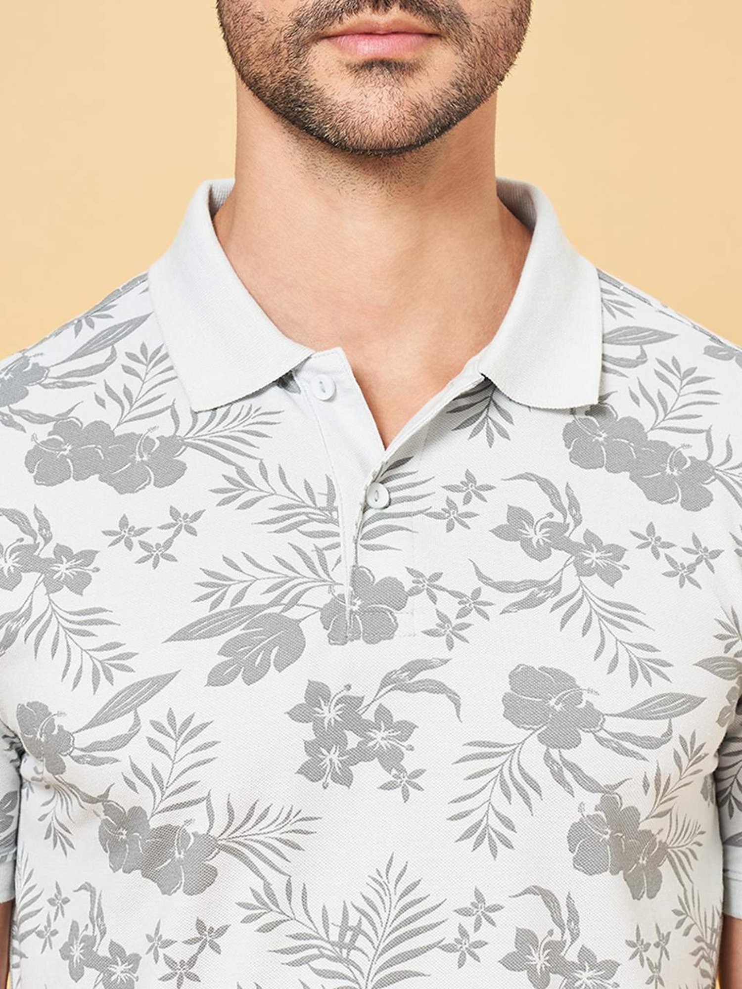 Byford by Pantaloons Light Grey Cotton Slim Fit Printed Polo T-Shirt