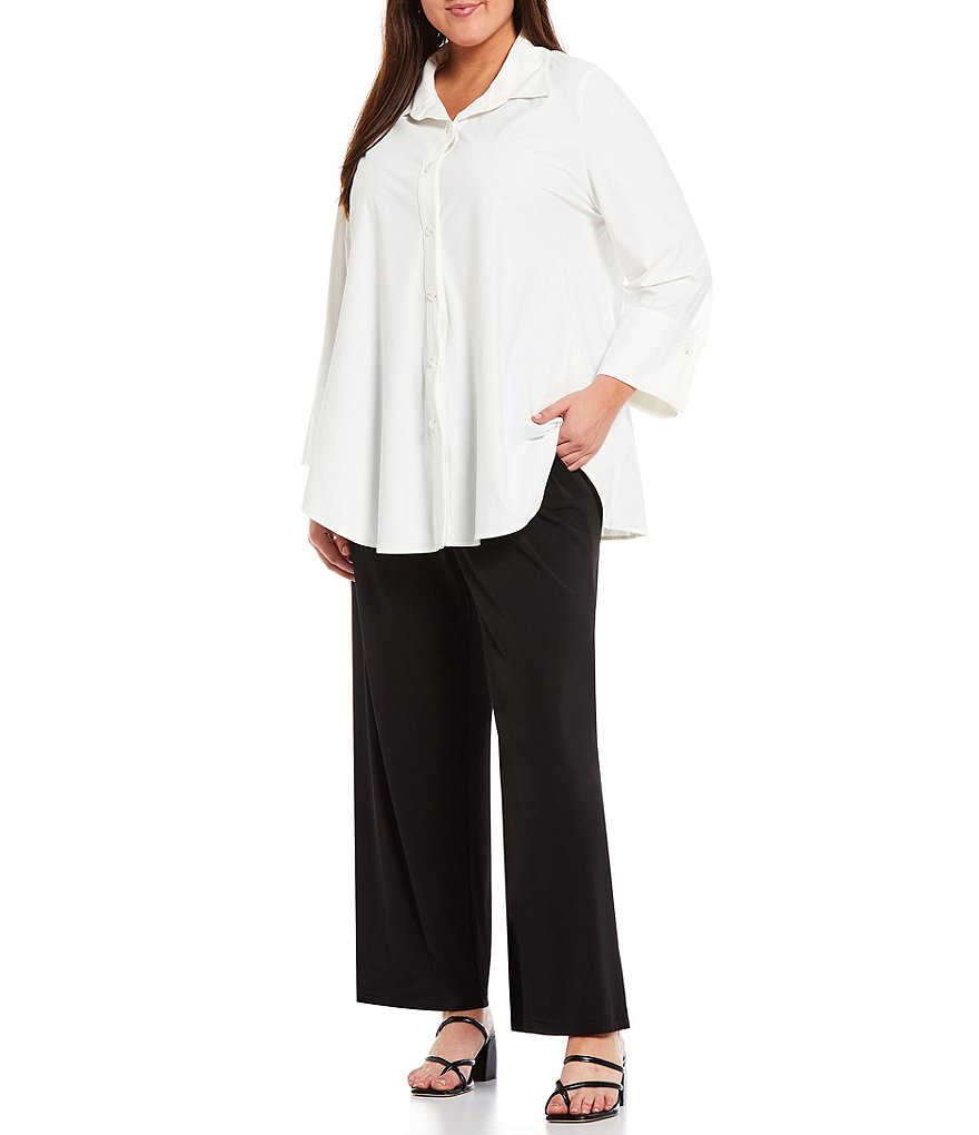 IC Collection Plus Size Fold Down Point Collar Neck Long Sleeve Button Front Blouse