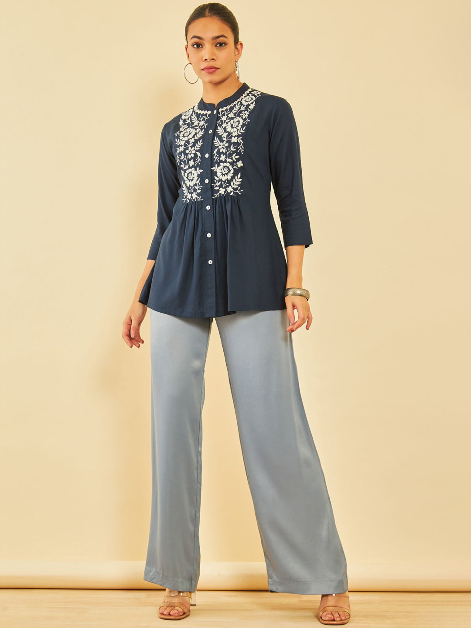 Soch Womens Navy Blue Rayon Embroidered Ethnic Tunic
