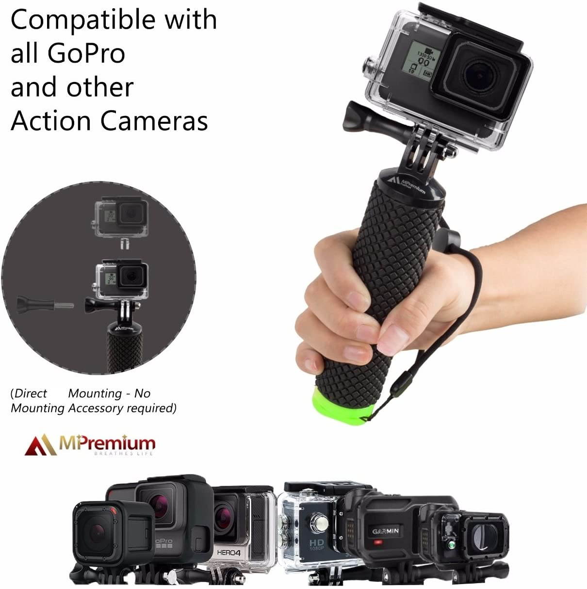 Waterproof Floating Hand Grip Compatible with GoPro Cameras Hero 8 7 6 5 4 3 2 1 Session Black Silver Handler Plus Free Handle Mount Accessories for Water Sport and Action Cameras (Green)